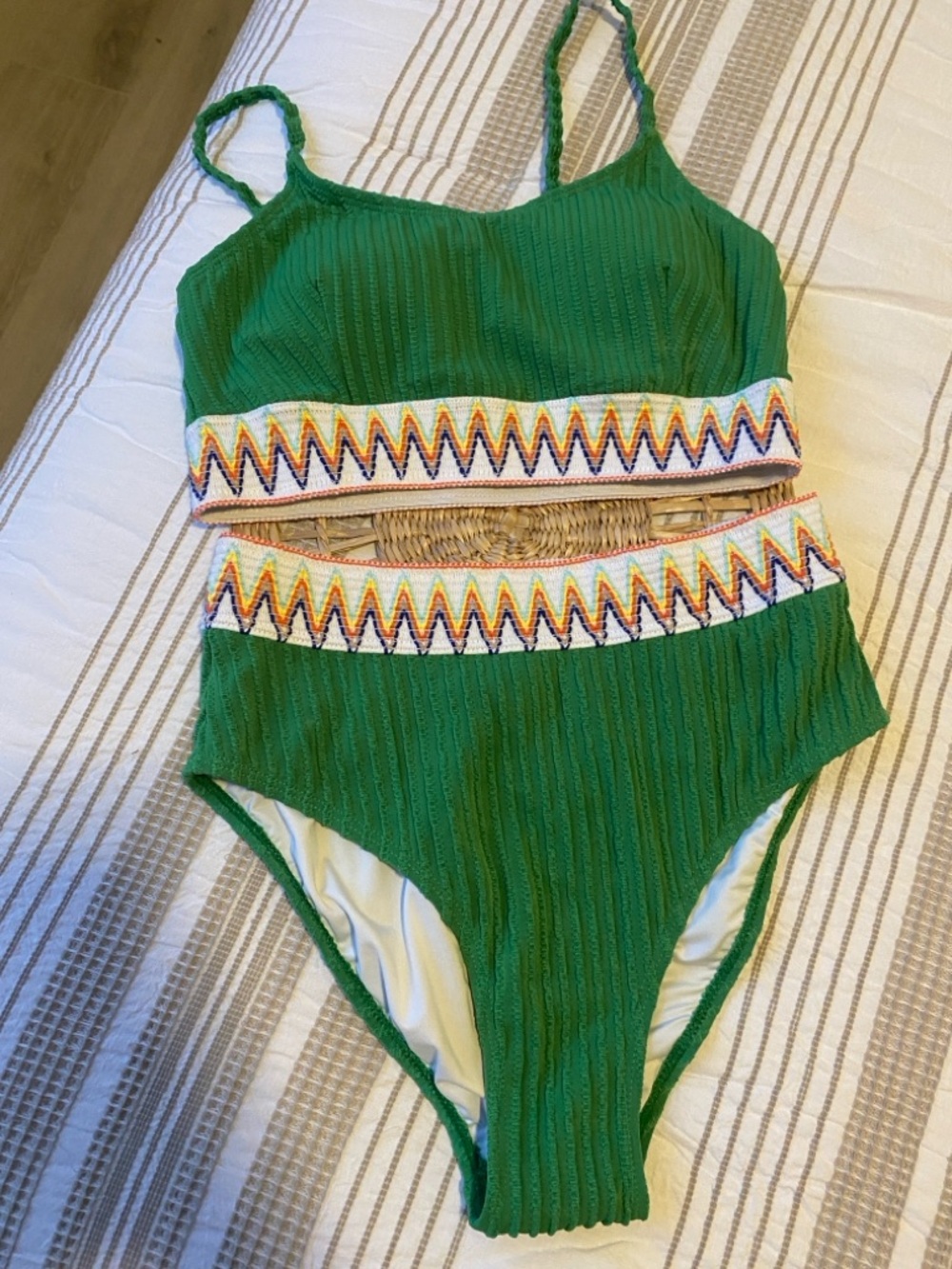 Green Two-Piece Textured Swim Two Piece with Zigzag Trim